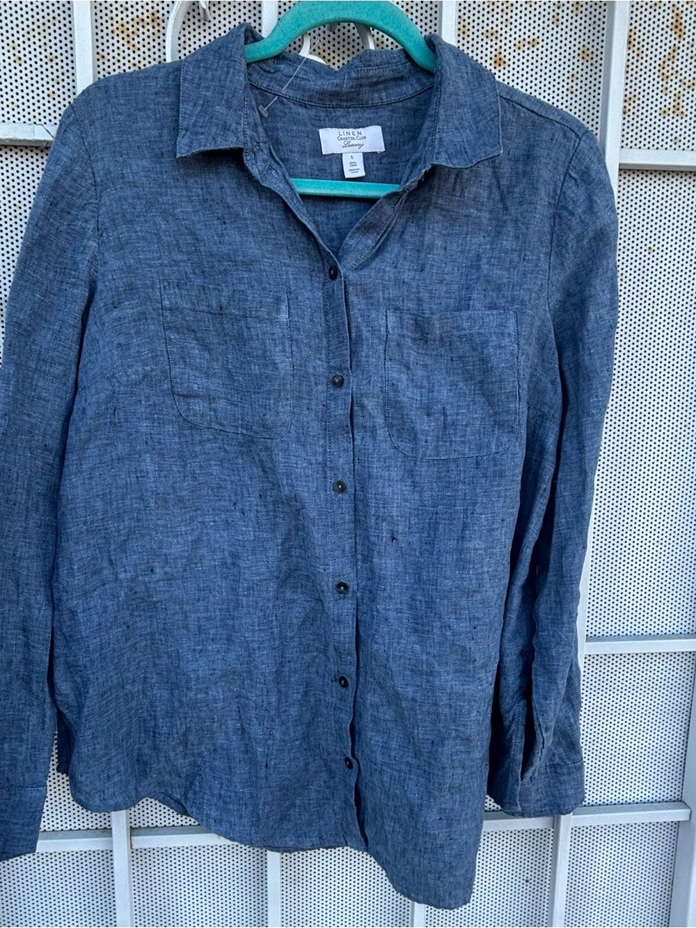 Charter Club women Luxury 100% Linen blue button Blouse  L long sleeve roll tab